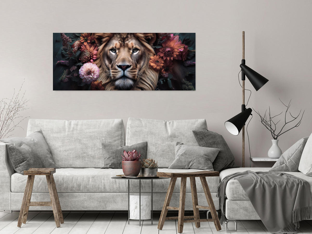 GLASBILD 125x50 cm Löwe Blumen Vintage - Rot, Glas (125/50cm) - artissimo