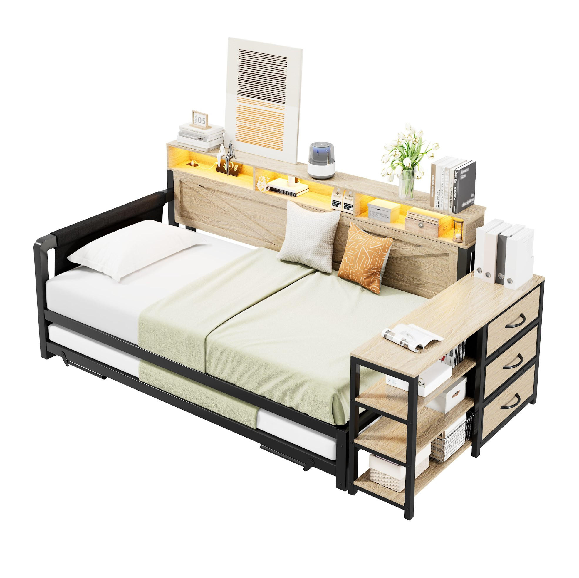 TAGESBETT aus Metall und MDF 90x200 cm Schwarz mit Ausziehbett, LED-Beleuchtung, USB und Stauraum - Schwarz, Holzwerkstoff (90/200cm) - Modfu