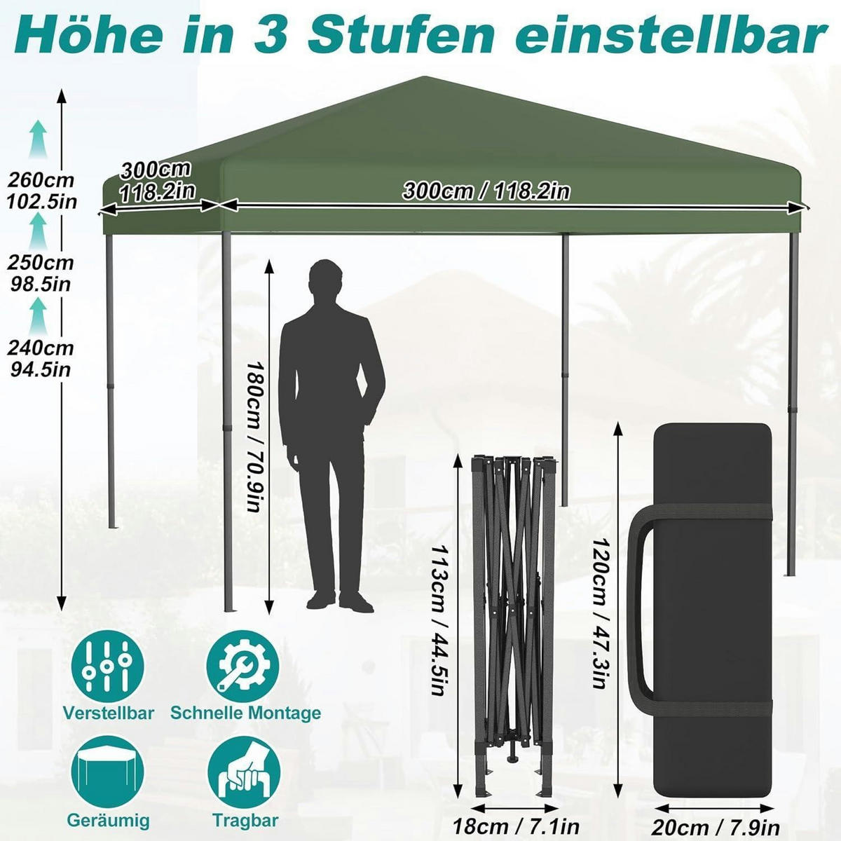FALTPAVILLON 3x3 m Grün mit One-Touch Lift - Grün, Textil (300/260/300cm)