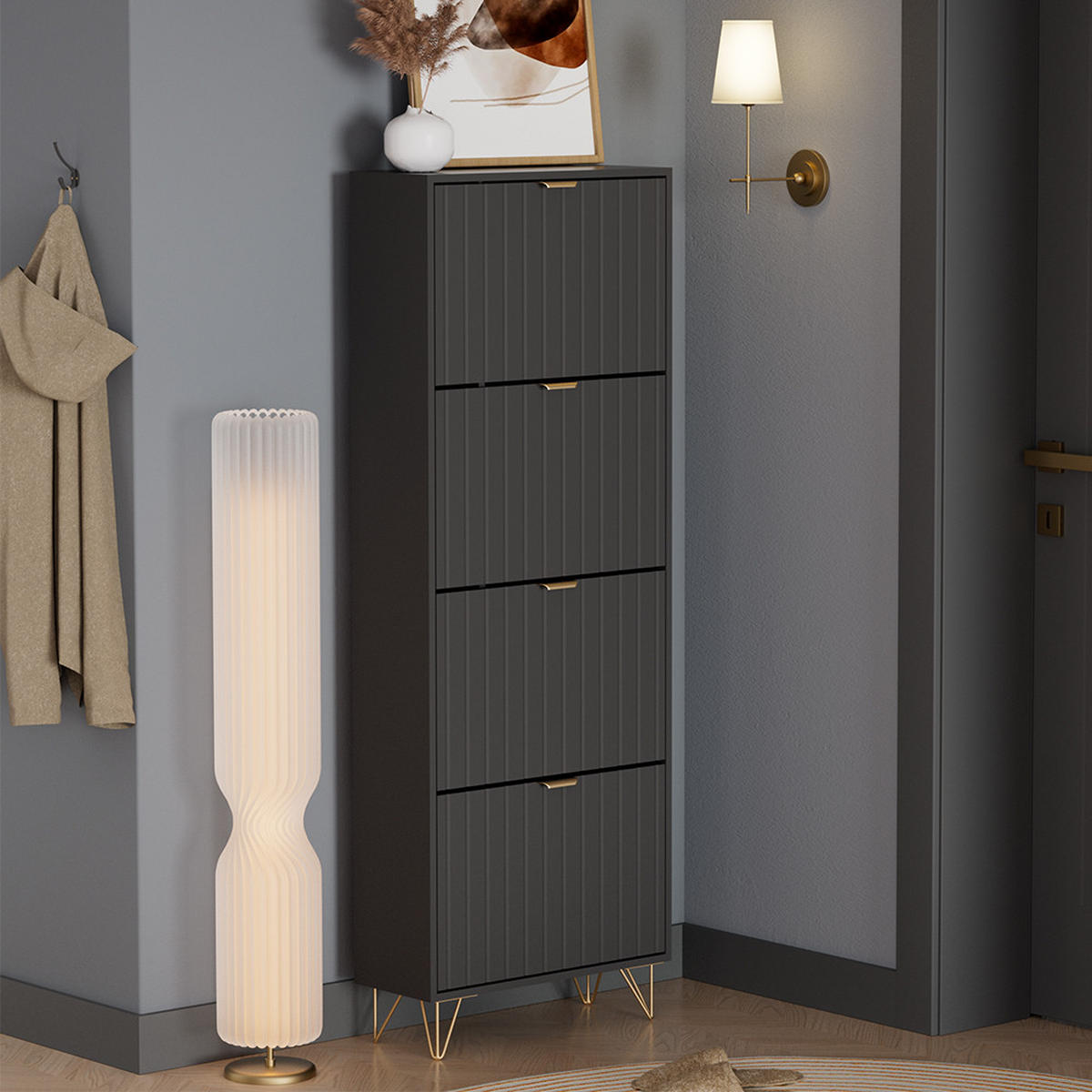 SCHUHSCHRANK Helge Schwarz 60 x 166.7 cm 4 Fächer - Schwarz, Holzwerkstoff (60/166.7/23.5cm) - Vicco