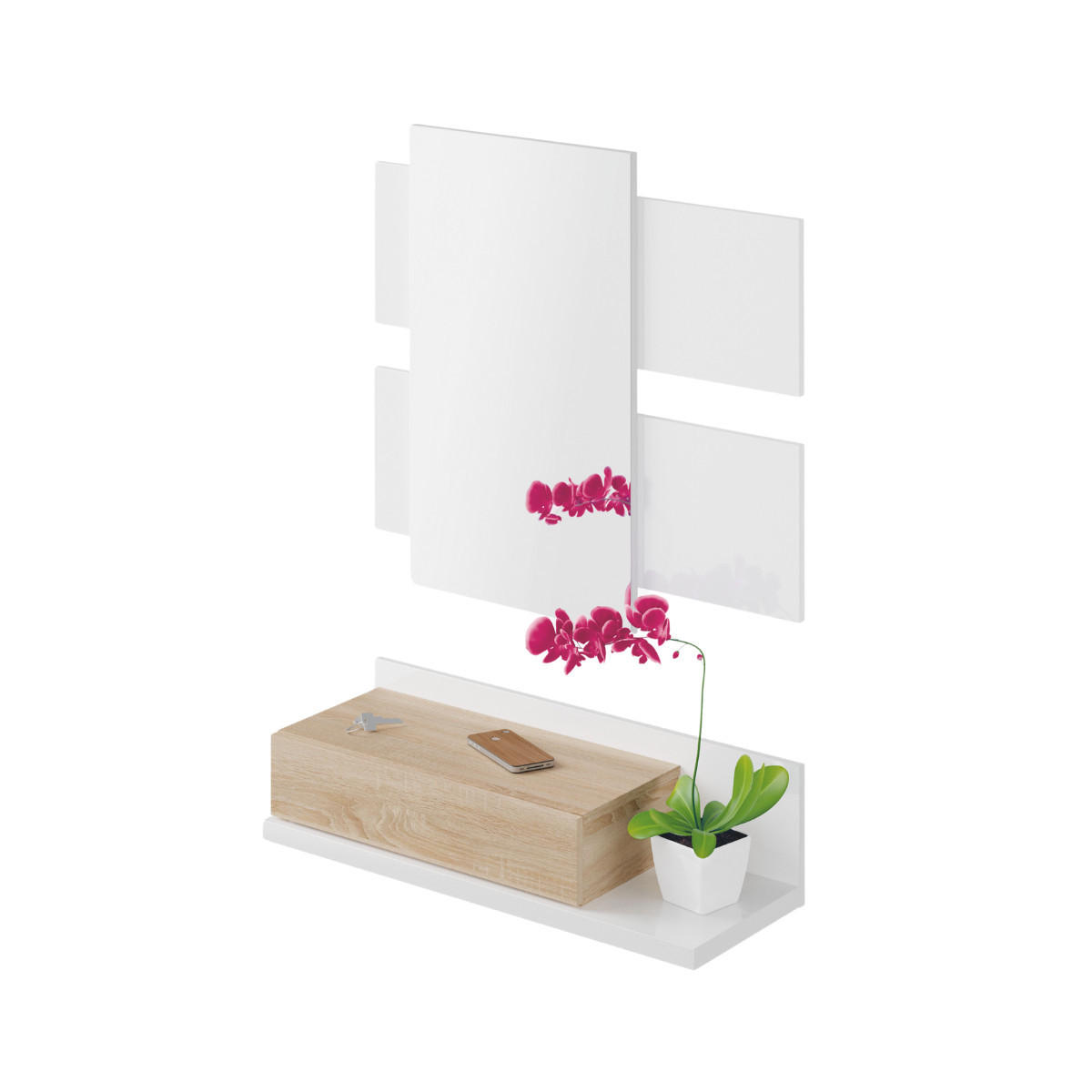 HÄNGEKONSOLE mit 1 schublade und 1 spiegel - tekkan 75/29/20 cm - Weiß, Holzwerkstoff (61/29/20cm) - Calicosy