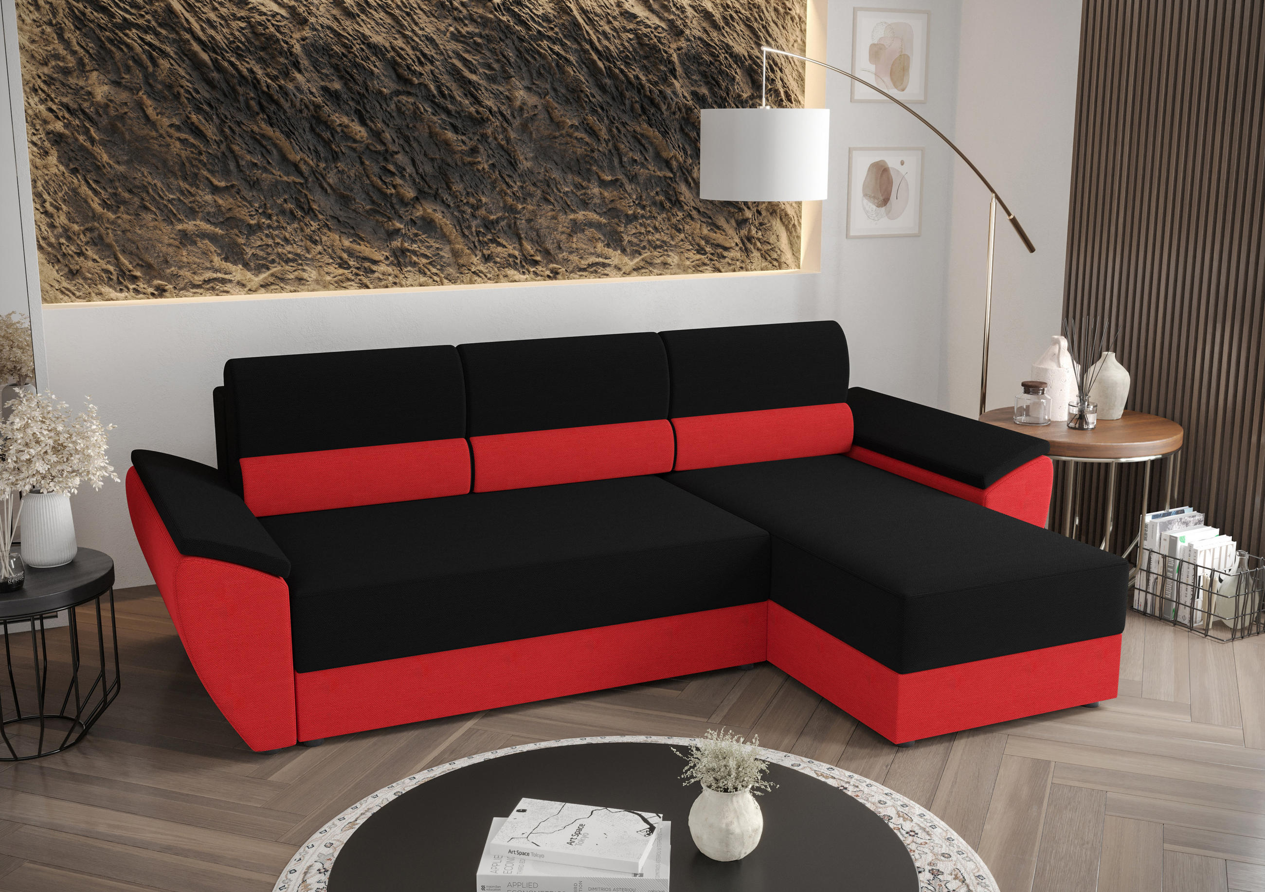 ECKSOFA L REBI L2 Rainbow 15/22 Rechts mit Schlaffunktion, Schwarz/Rot, L-Form - Rot/Schwarz, Textil (251/140cm)