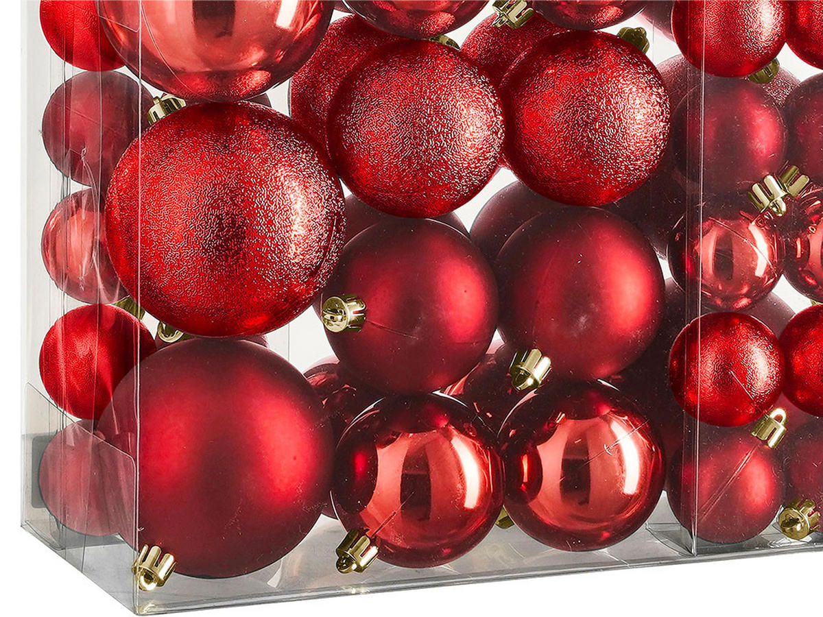 WEIHNACHTSORNAMENTE 46er-Set runde Ornamente rot Mix 4,6,8 cm - Rot, Kunststoff (8/8/8cm) - LAALU