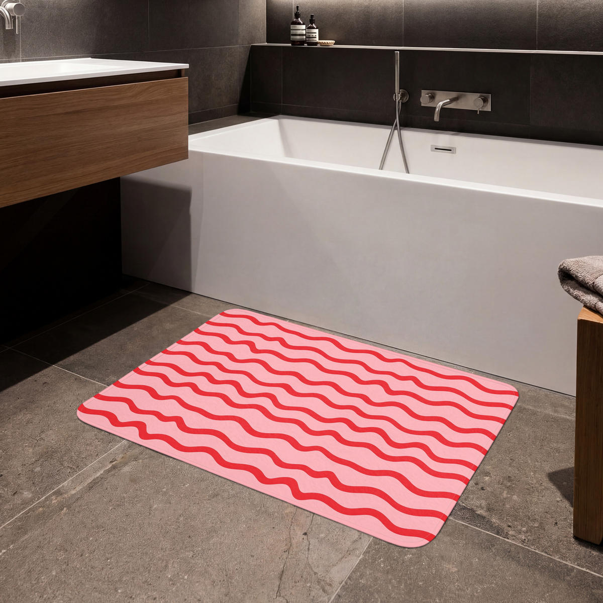 KÚPEĽŇOVÁ PREDLOŽKA Hravé - vzor - červená 90x60 cm - ružová, textil/plast (90/60cm) - OnlyWow