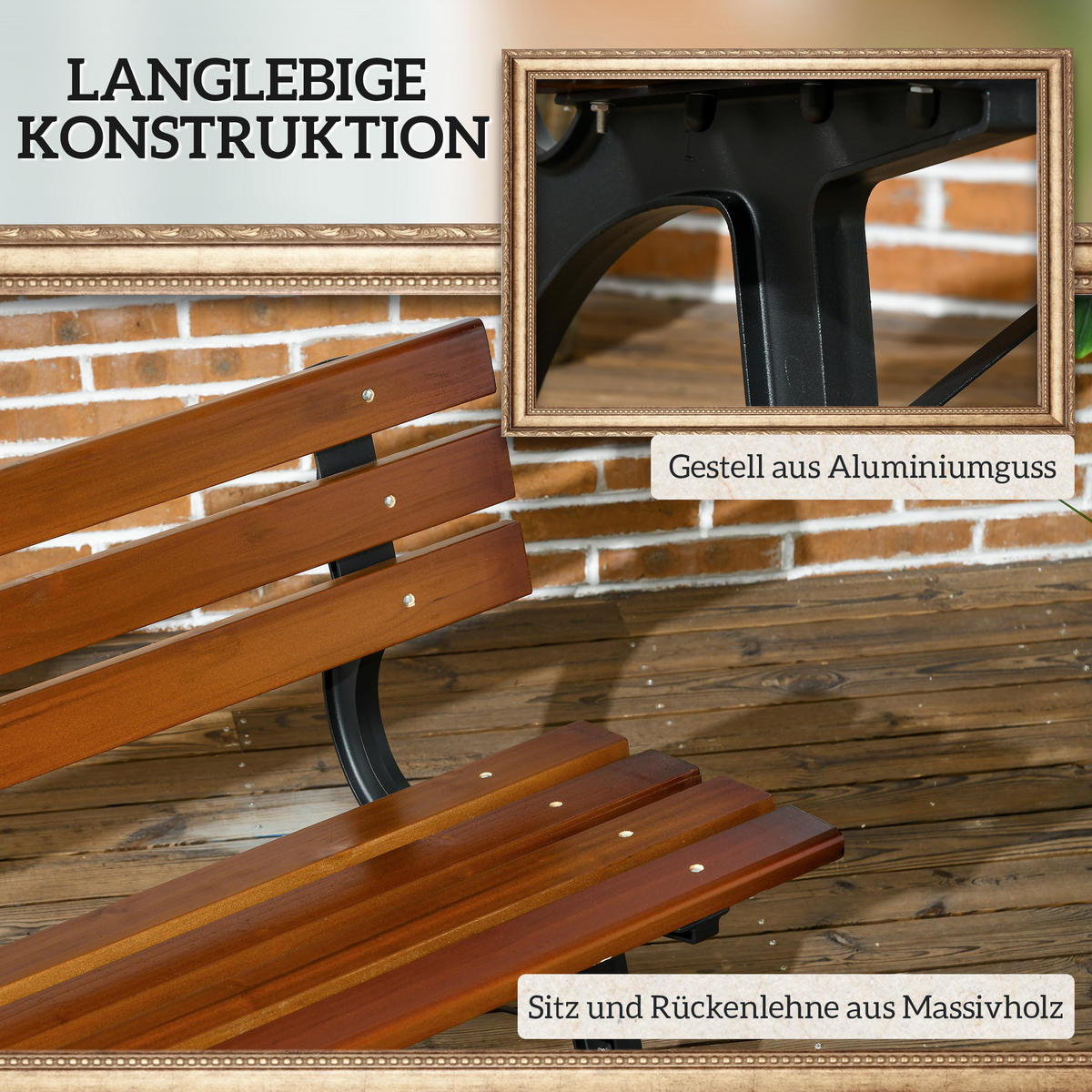 GARTENBANK, 2-Sitzer, Parkbank mit Rückenlehne, Holzbank, für Garten, Balkon, Kaffee - Dunkelbraun, Holz/Metall (57/70/120cm) - Outsunny