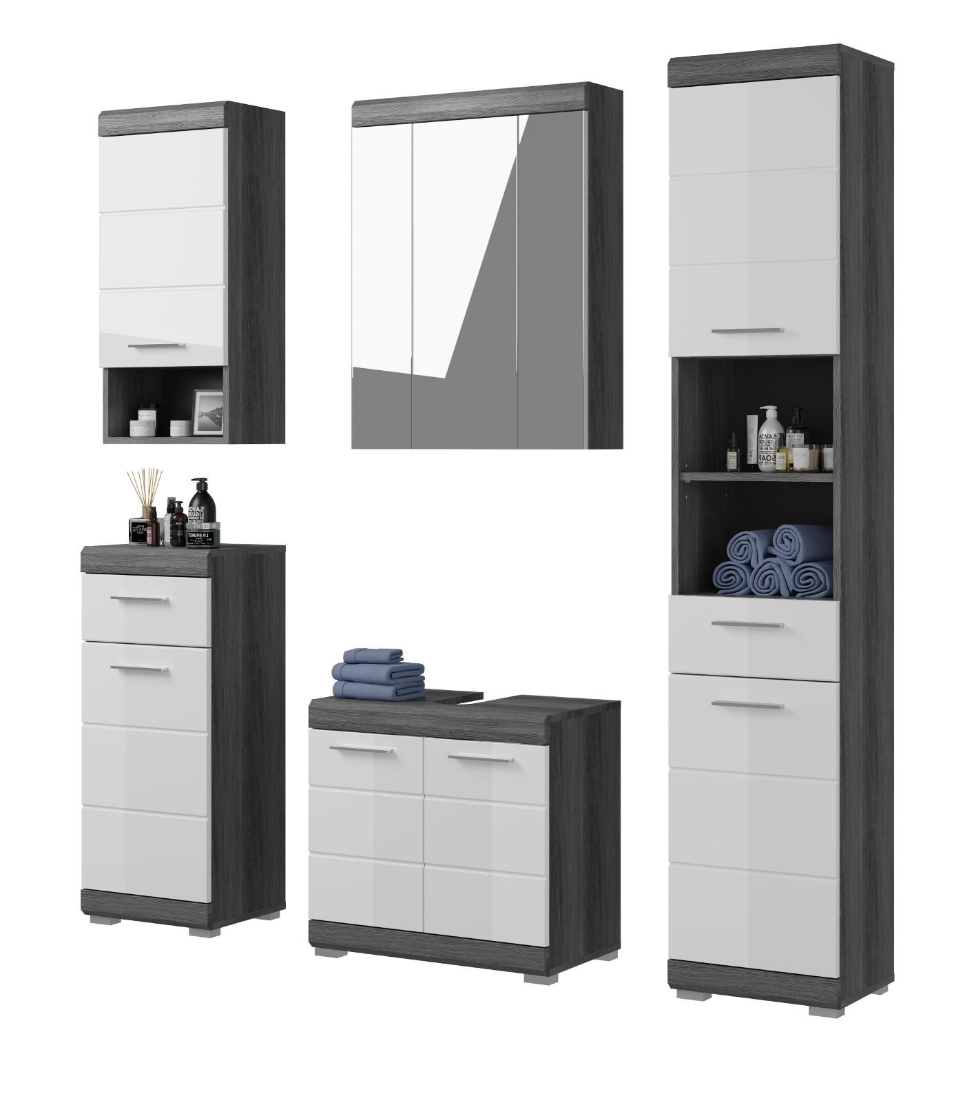BADMÖBEL-SET weiß Hochglanz, grau 5-teilig 164 cm, Badkombination mit 22 Fächern - Weiß Hochglanz/Silberfarben, Glas/Holzwerkstoff (164/191/34cm) - Inn.Furn
