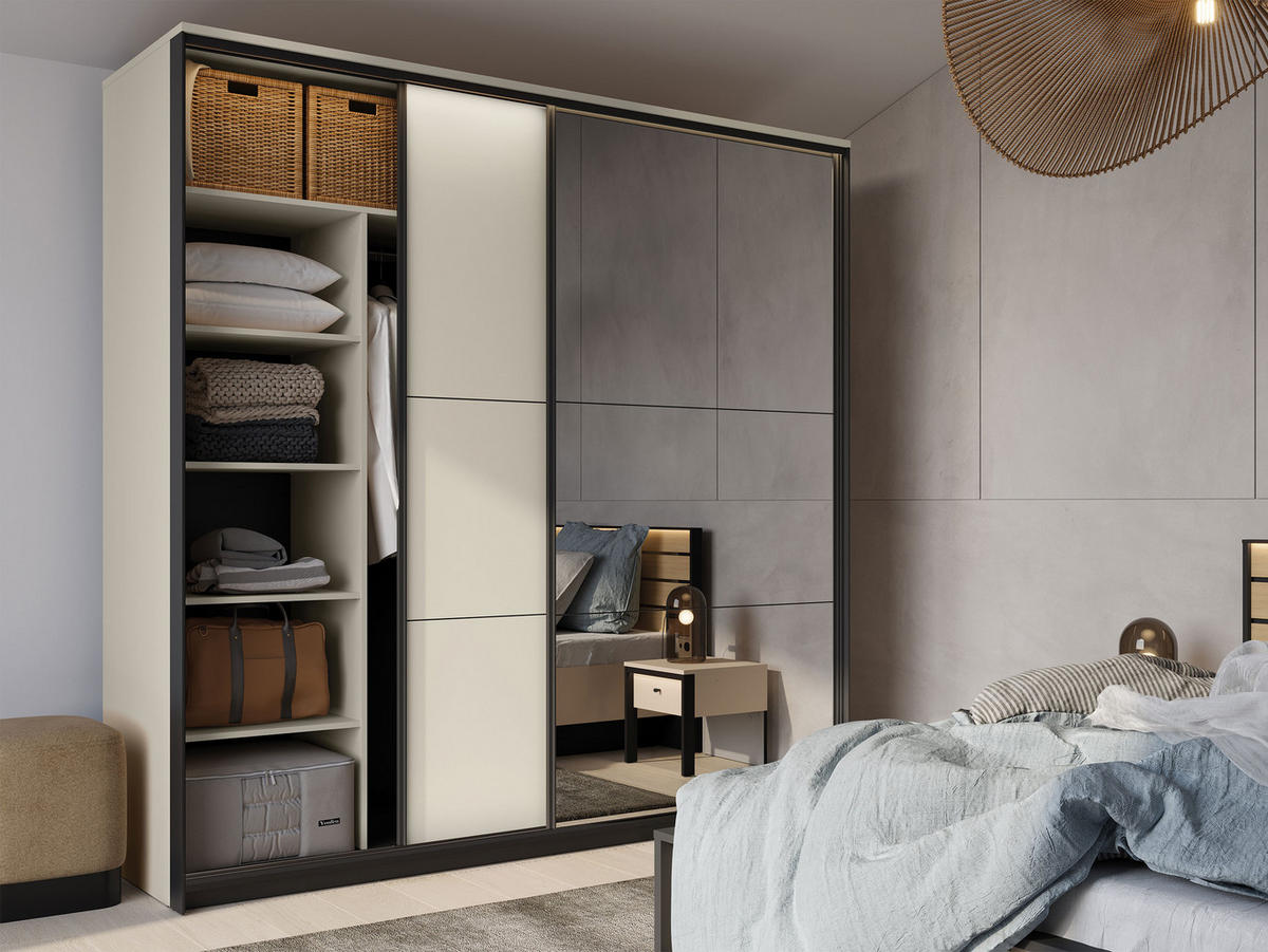 SCHWEBETÜRENSCHRANK 2D Enna EN-01 - Sandfarben/Schwarz, Holzwerkstoff/Kunststoff (220/221/68cm) - MIRJAN24