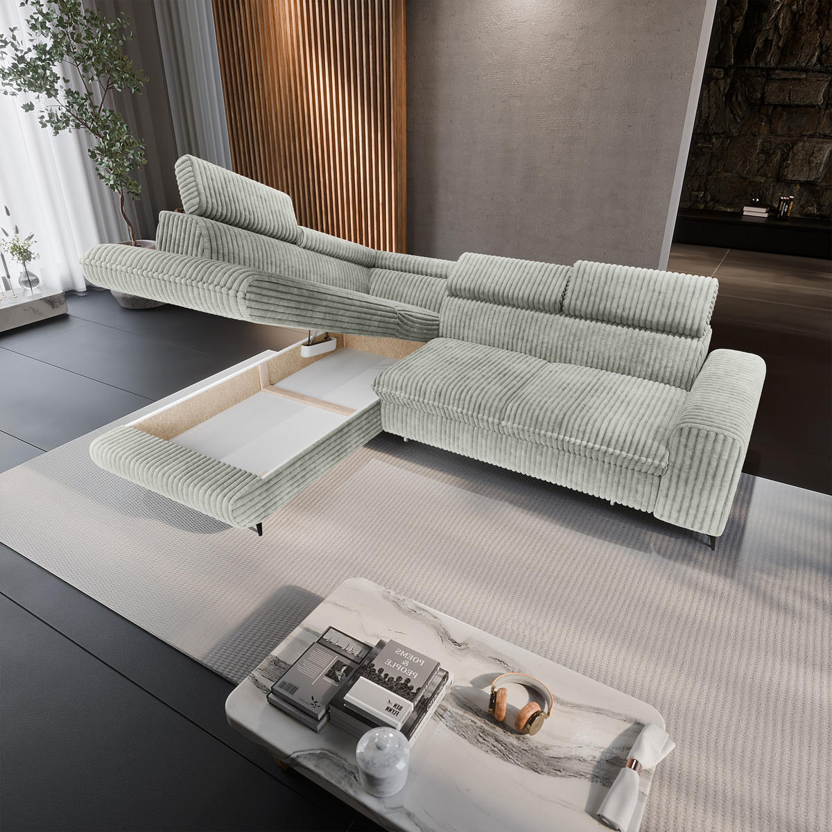 ECKSOFA VELISS Hellgrau Kordstoff mit Schlaffunktion - Hellgrau, Holz (255/193cm) - MASSENO