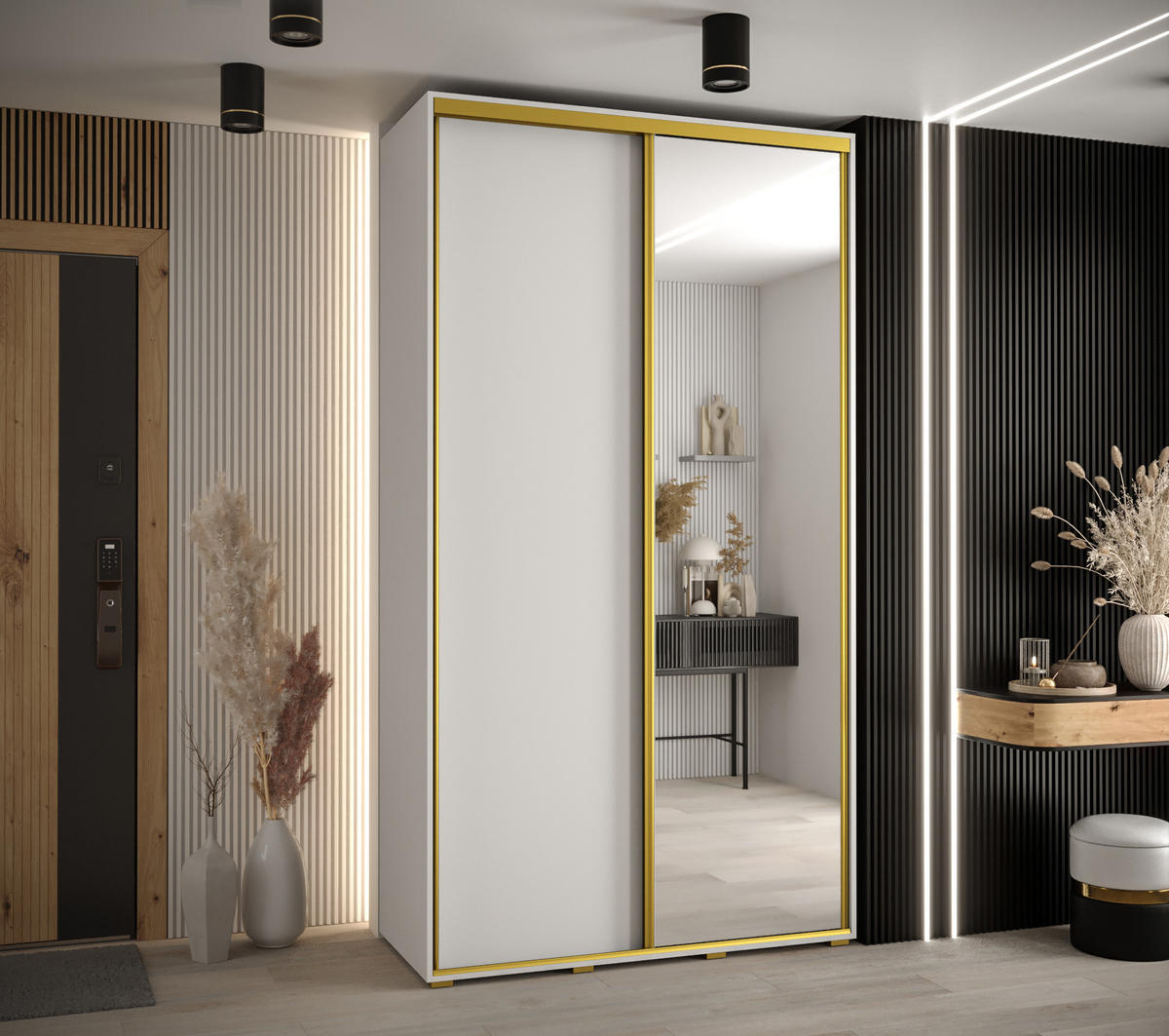 SCHWEBETÜRENSCHRANK 235,2/130/45 2-türig - Goldfarben/Weiß, Holz/Metall (130/235/45cm) - Abiks Möbel