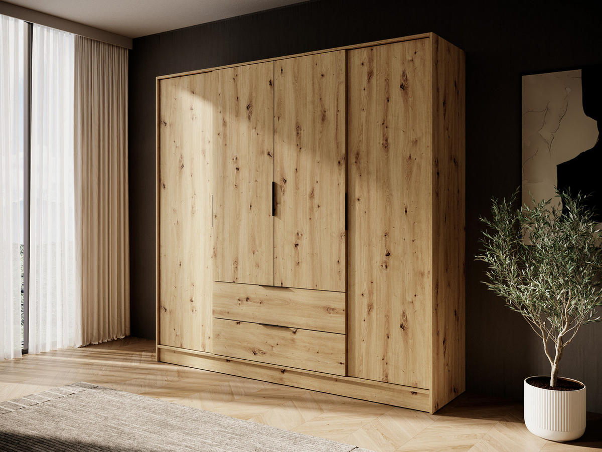 GROSSER Kleiderschrank RICADI 4D (Artisan Eiche, 4 Türen, 2 Schubladen, Kleiderstange, Kunststoffgriffe) - Schwarz/Eiche Artisan, Holz/Holzwerkstoff (206/200/51cm) - Ravio