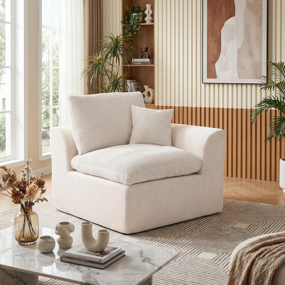 SESSEL Cord-Sofa mit Federkern-Polsterung und Kissen, Montagefrei - Beige, Textil (101/84/102cm) - Urban Meuble