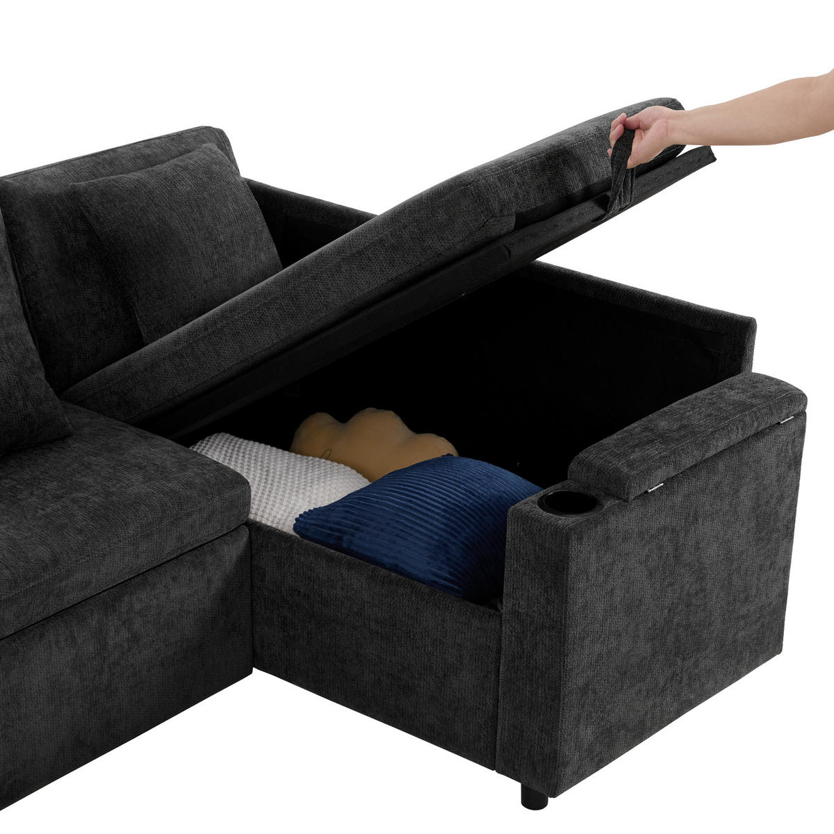 ECKSCHLAFSOFA Chenille Dunkelgrau mit Stauraum, USB, Getränkehalter und mit Kissen - Dunkelgrau, Holzwerkstoff/Kunststoff (206.5/141cm) - WISHDOR