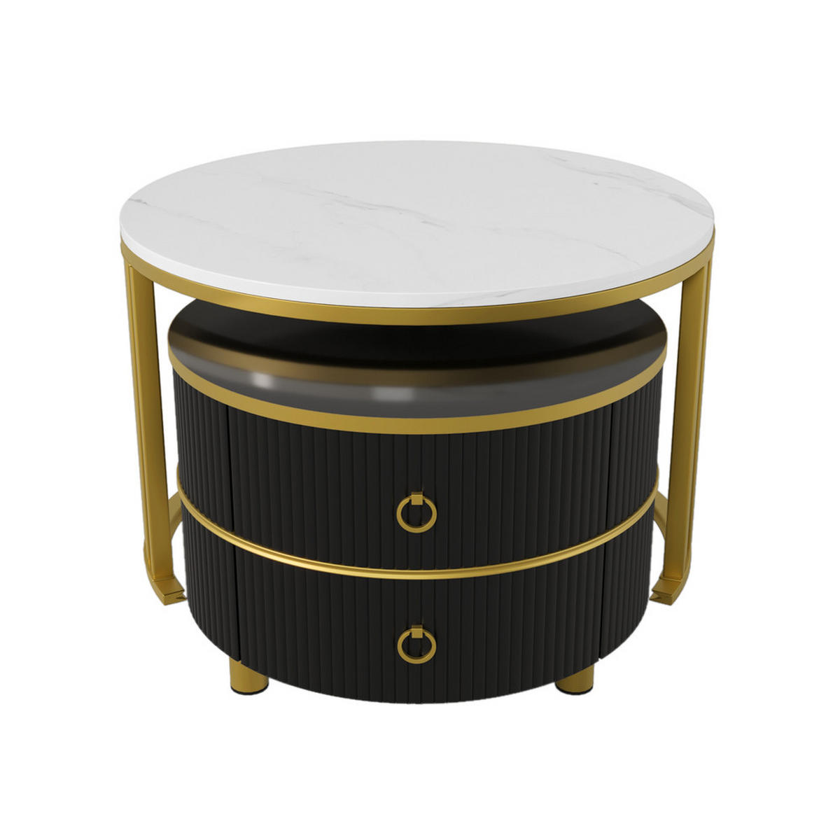 COUCHTISCH 2-in-1 Rund Hochglanz 2 Schubladen Schwarz-Weiß Marmor - Schwarz, Holz (81.5/78.5/14cm) - FLIEKS