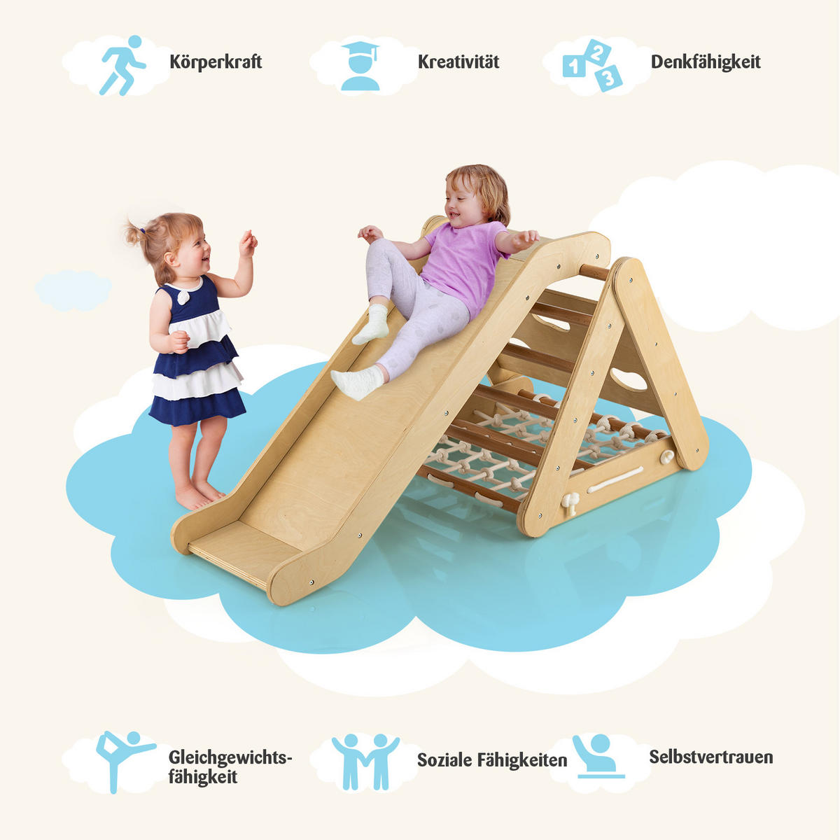 KLÄTTERDREIECK 4 i 1 trä - Naturfärgad, Trä (64/58/63cm) - COSTWAY
