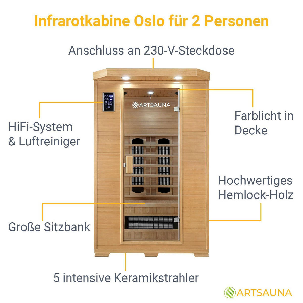 INFRAROTKABINE Oslo mit Keramikstrahlern & Hemlockholz - Naturfarben, Holz (120/190/100cm) - Artsauna