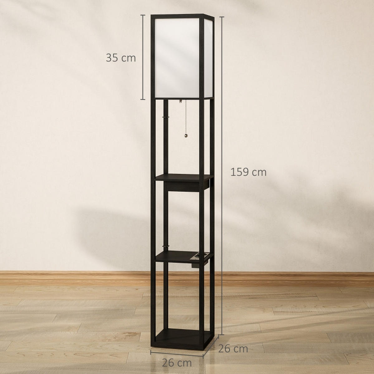 STEHLEUCHTE 26/26/159 cm Schwarz mit 3 Fächern, E27 Sockel, USB-A, USB-C Anschlüssen, ohne Glühbirne - Schwarz, Holz (26/26/159cm) - Oxeza