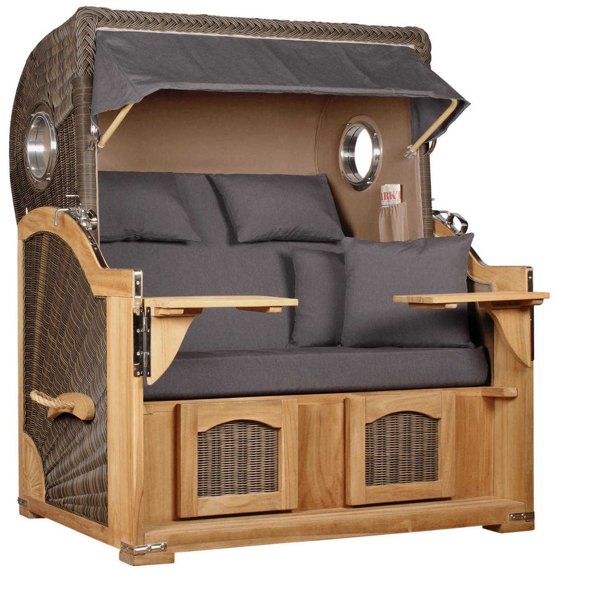 STRANDKORB Düne Grande Bullauge Teak PE Grey Dessin 551 - Braun/Grau, Metall (142/170/95cm) - Mr. Deko