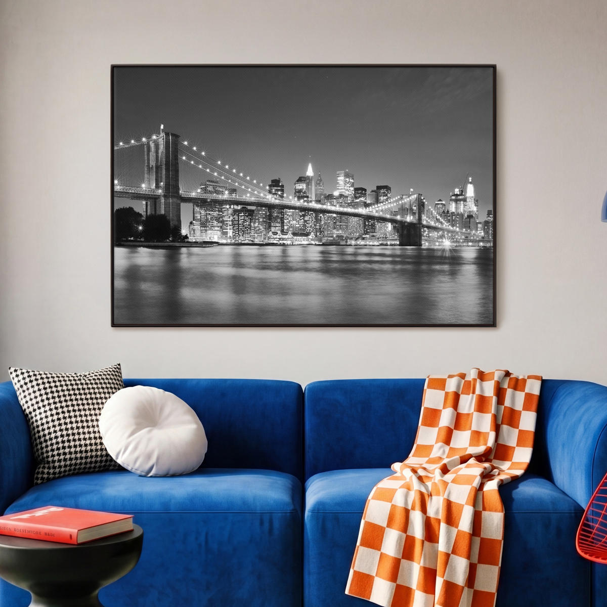 LEINWAND Bilder mit Rahmen - New York - Brücke - Brooklyn - Schwarz und weiß - Architektur - 90x60 - Schwarz, Textil (90/60cm) - MuchoWow