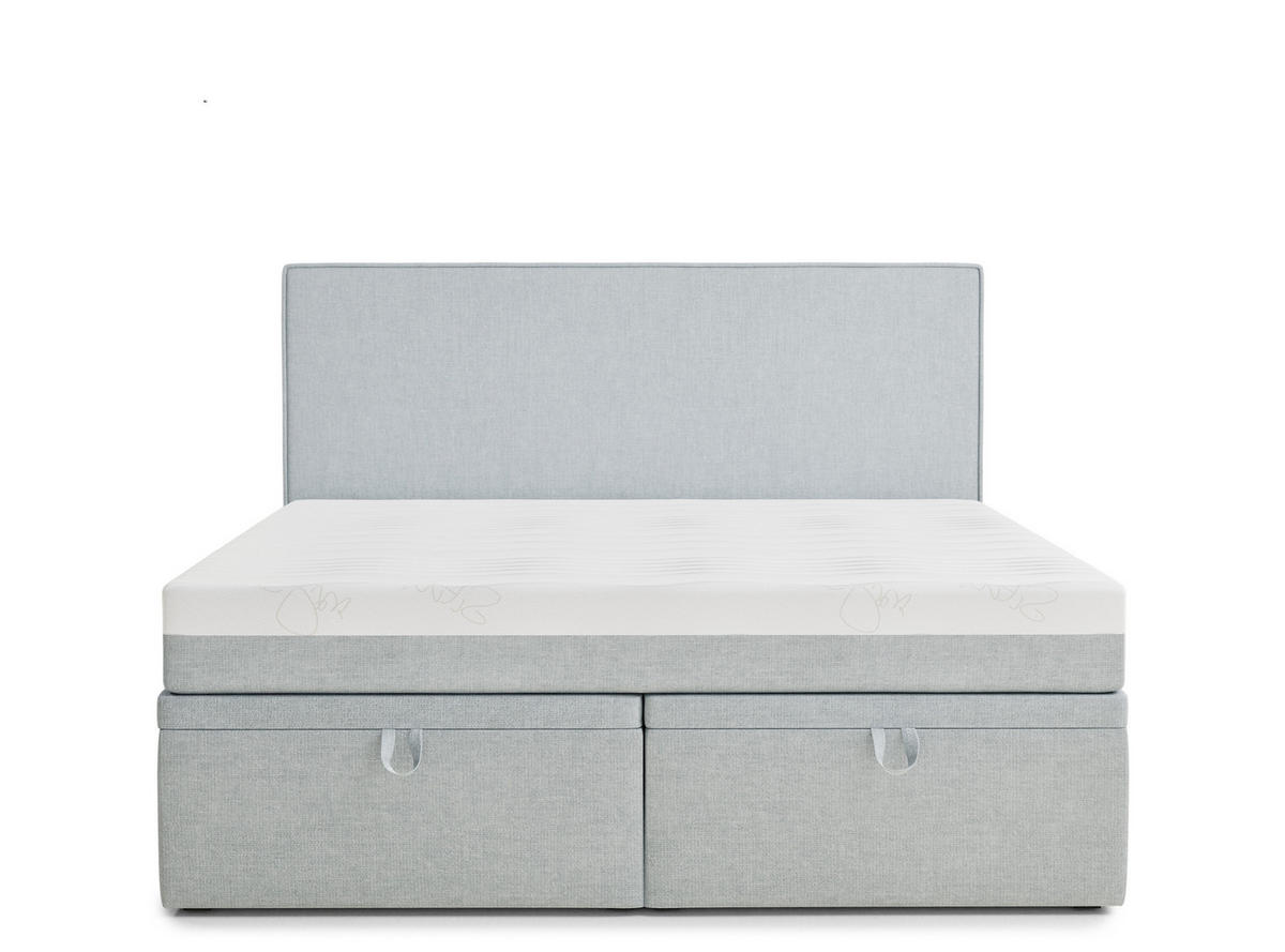 BOXBETT 140/200 cm Tegal, in Hellblau, Matratze, gepolstertes Kopfteil, Bettkasten, H3 = fest - Schwarz/Hellblau, Holz/Holzwerkstoff (140/200cm) - Maison de Reve