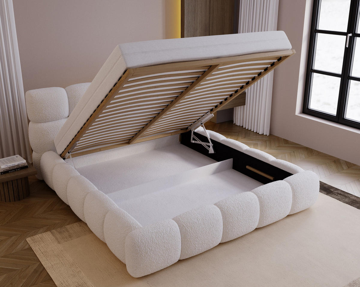 DOPPELBETT 200x200 Lucca mit Bettkasten, Stoff Bouclé, Creme - Creme, Holz/Textil (200/200cm) - Emporius