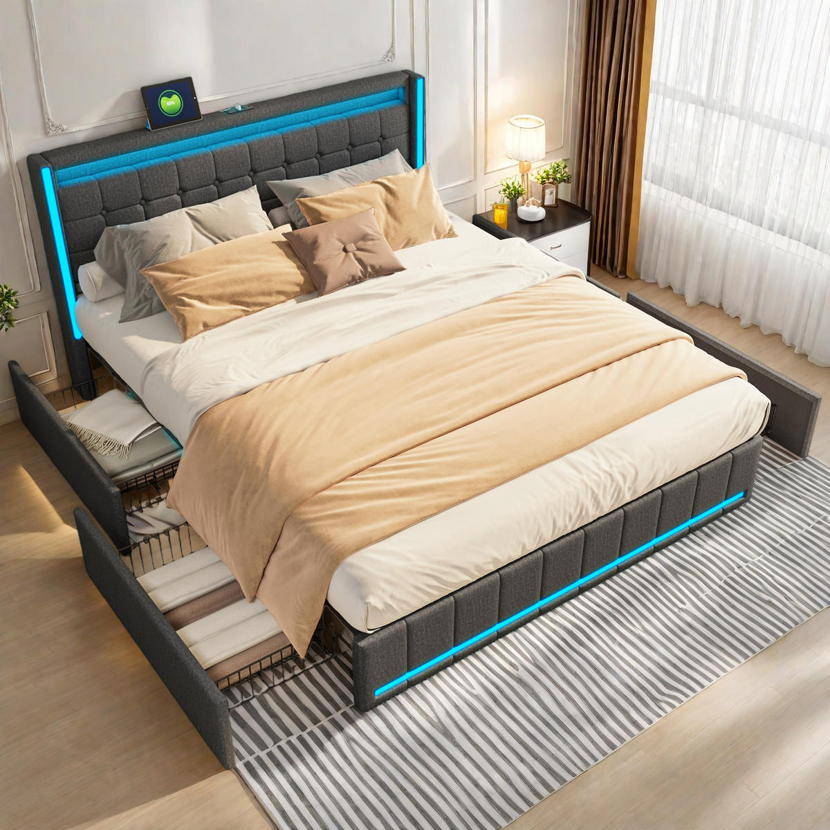 POLSTERBETT mit LED-Beleuchtung, USB-Anschluss und 4 Metallschubladen, dunkelgrau, Leinenmaterial. - Grau, Holz (160/200cm) - WoodenAura