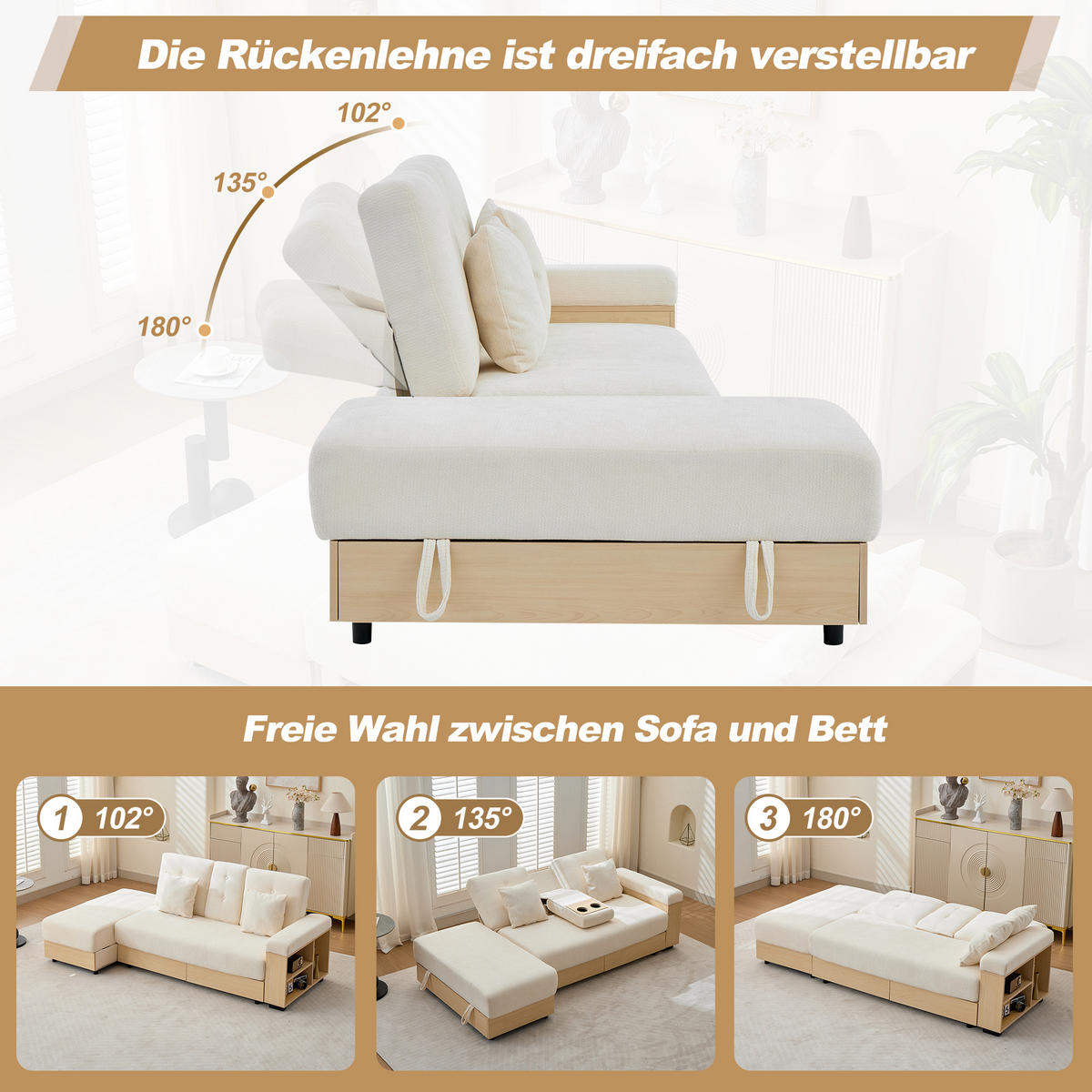 SCHLAFSOFA Beige mit Chenille-Bezug, dreistufig verstellbarer Rückenlehne und vielfältigem Stauraum 217 × 110 × 90 cm - Beige, Textil (217/90/110cm) - Luhomfu