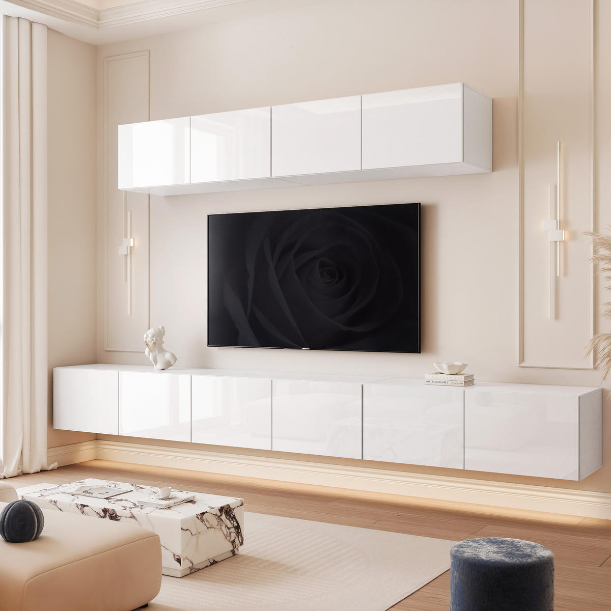 WOHNWAND ANGEL III Weiß glänzend hängend mit LED-Beleuchtung 300 cm - Weiß Hochglanz, Holzwerkstoff (300/36/40cm) - Idohome