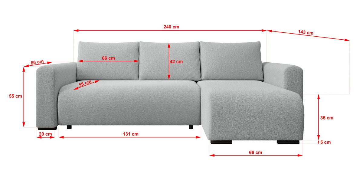 ECKSOFA DORA L, Eckcouch in L-Form mit Schlaffunktion und Bettkasten, Farbe: Grau, Bouclé-Stoff, Ottomane Rechts - Grau, Textil (240/143cm) - Storez24