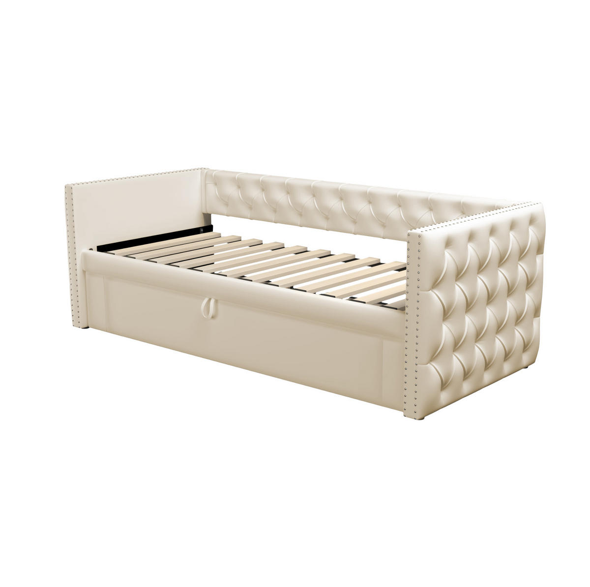 SAMT-POLSTERBETT 90/200 cm Beige inkl. Lattenrost, ausziehbar als Schlafsofa - Beige, Textil (90/200cm) - BEAOK