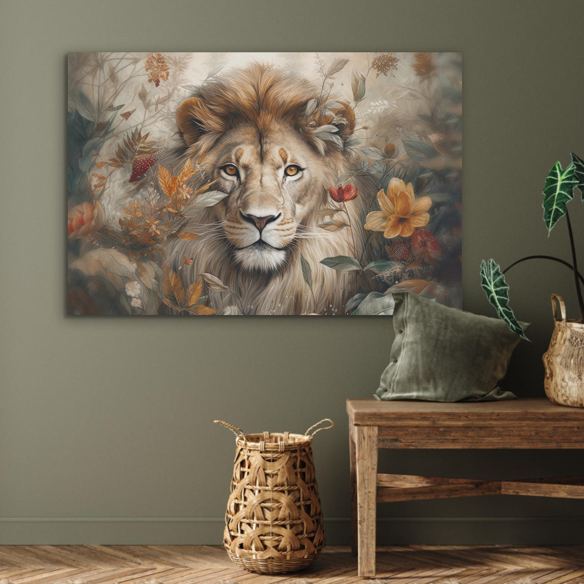AKUSTIKBILD Löwe - Wildtiere - Pflanzen - Natur - Blumen Akustikpaneele 90x60 cm - Beige, Kunststoff (90/60/0.9cm) - MuchoWow