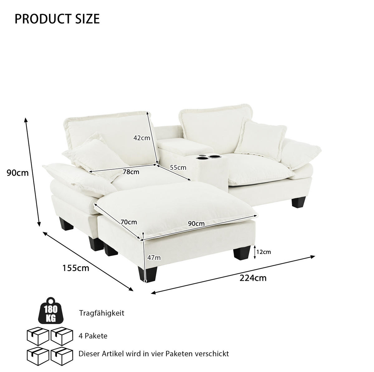 ECKSOFA 224/151/90 cm beige aus Chenille mit USB und Stauraum - Beige, Textil (151/224cm) - OKWISH