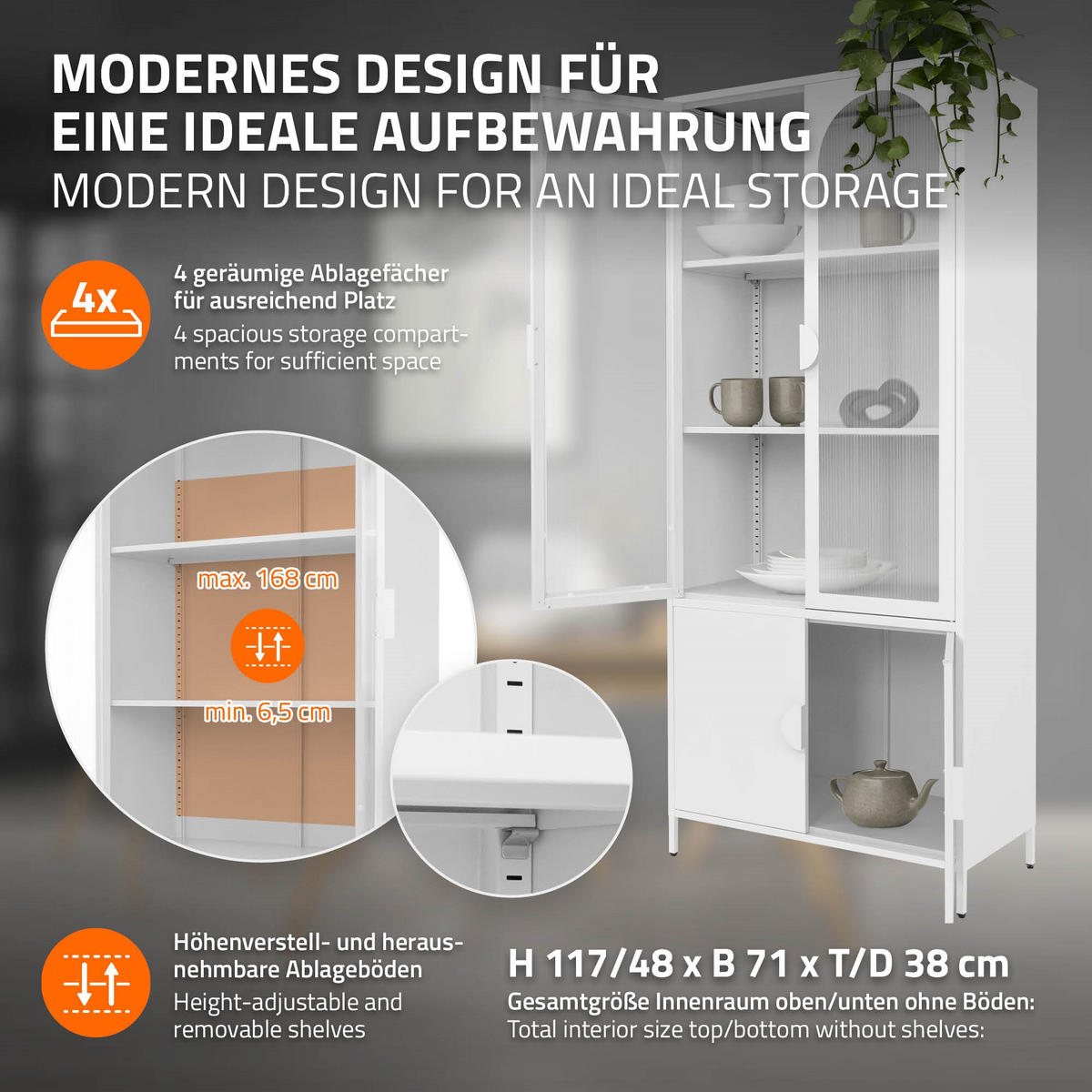 VITRINENSCHRANK 80x185x40 cm Weiß aus Stahl mit 4 Türen - Weiß, Metall (80/185/40cm) - ML-DESIGN