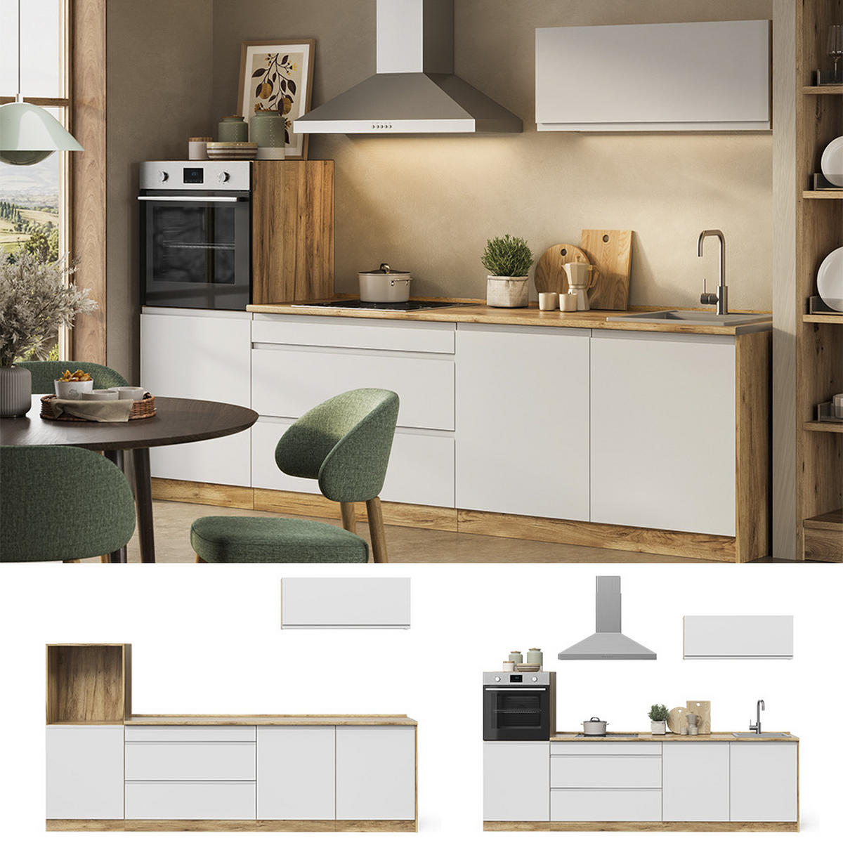 KÜCHENZEILE R-Line, Weiß/Goldkraft Eiche, 280 cm Arbeitsplatte Platin - Eichefarben/Weiß, Holzwerkstoff (280/143/60cm) - Vicco