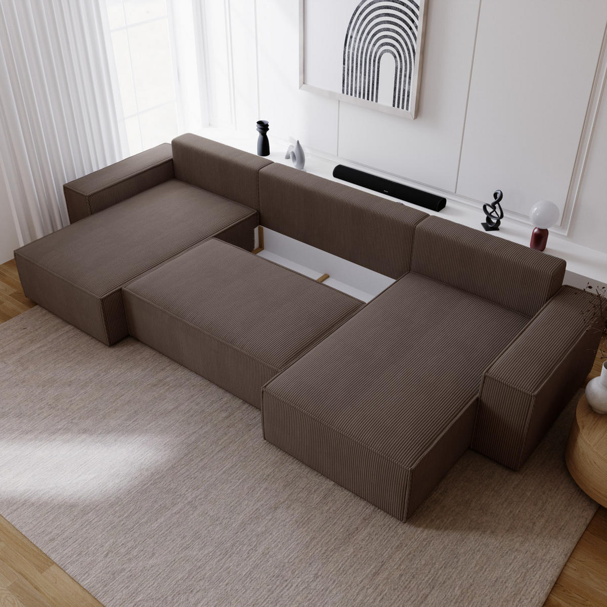 ECKSOFA U 380 cm Bergamo mit Schlaffunktion, Cordstoff, Braun - Braun, Holz (377/189cm) - Emporius