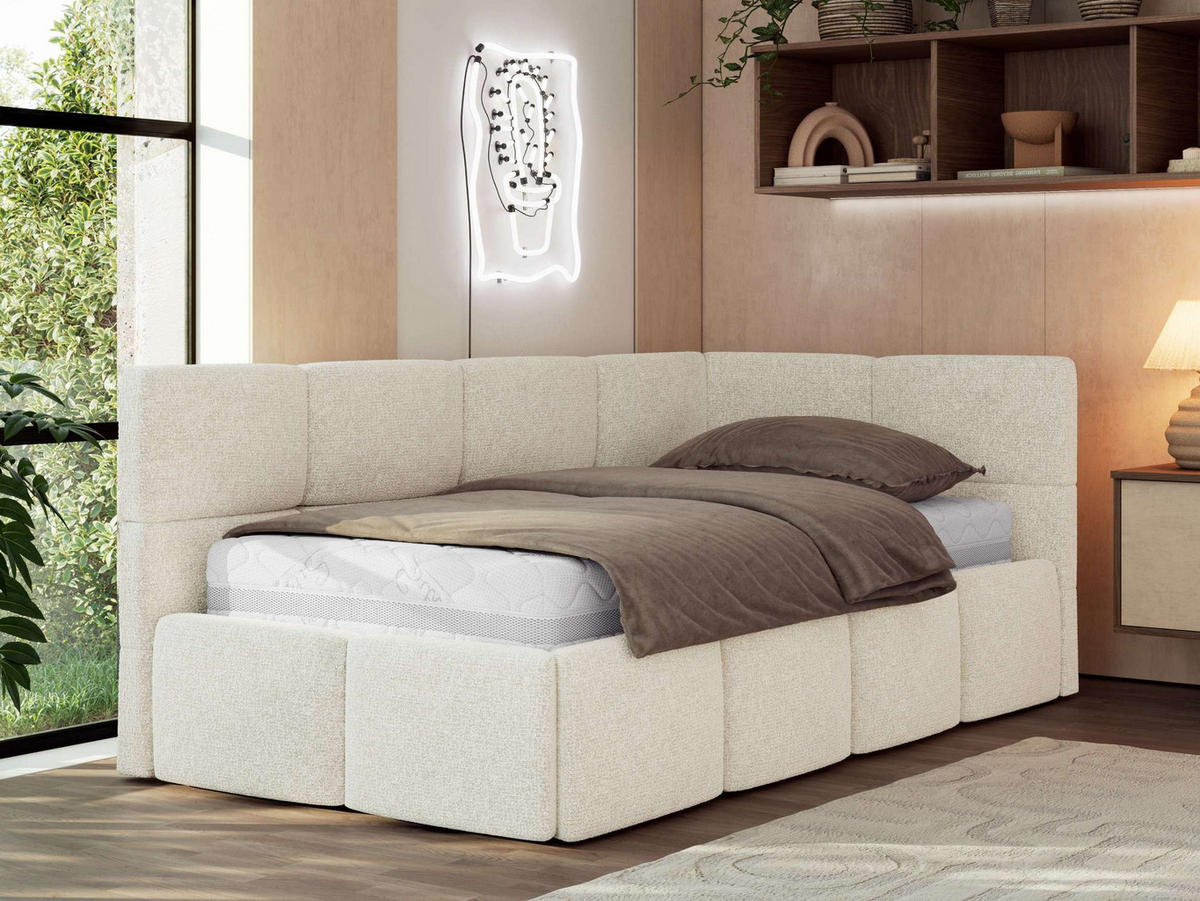 JUGENDBETT ARVO 90/200 - Creme Strukture - Pocket-Matratze - Rechts Seite - Creme, Textil (90/200cm) - MKS