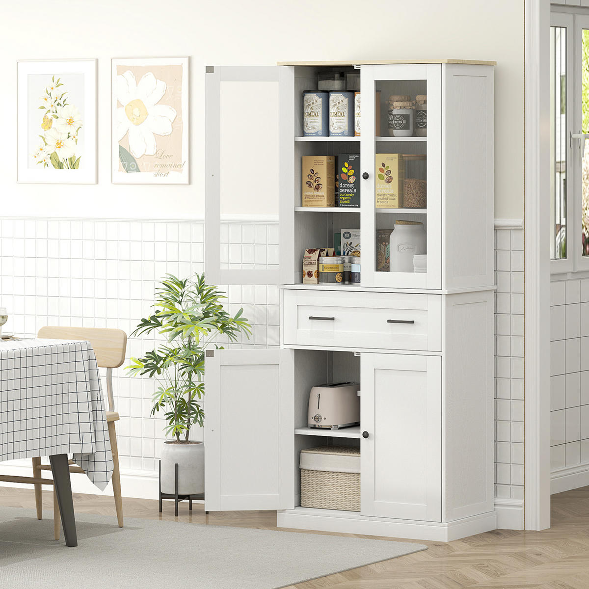 KÜCHENSCHRANK, Hochschrank mit Schublade, verstellbaren Einlegeböden, Cremeweiß - Creme/Schwarz, Holzwerkstoff/Metall (40/182.5/76cm) - HOMCOM