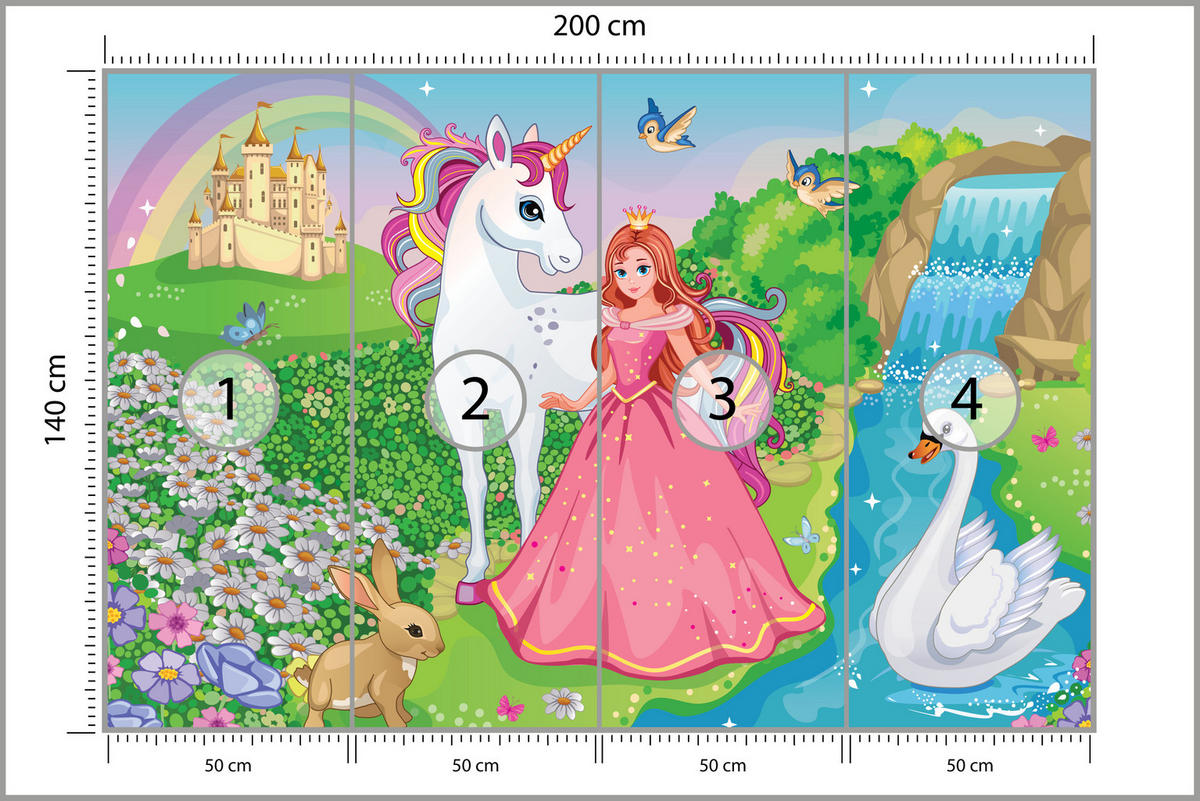 FOTOTAPETE für Kinderzimmer Prinzessin Einhorn Schloss Wasserfall Blumen 200x140 - Blau/Gelb, Papier (200/140cm) - Muralo