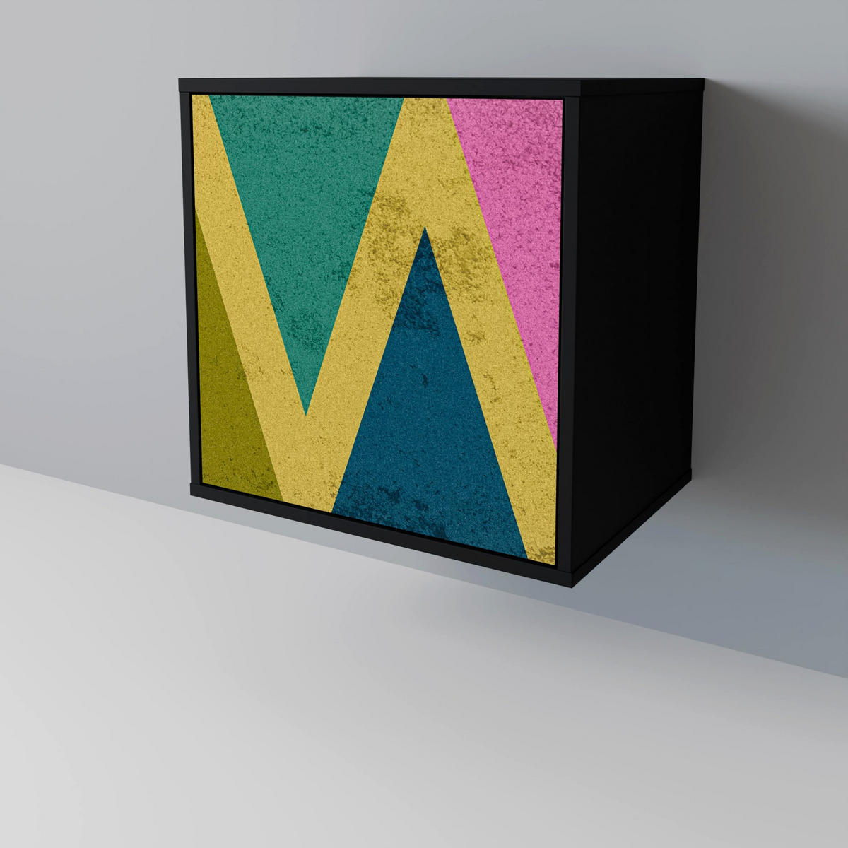 SIDEBOARD COLORFUL TRIANGLES, Schwarz, 57,5x42x70,5 cm, Schwarze Metall-Sternfüße - Multicolor/Schwarz, Holzwerkstoff/Metall (57.5/70.5/42cm) - SpaceRebels