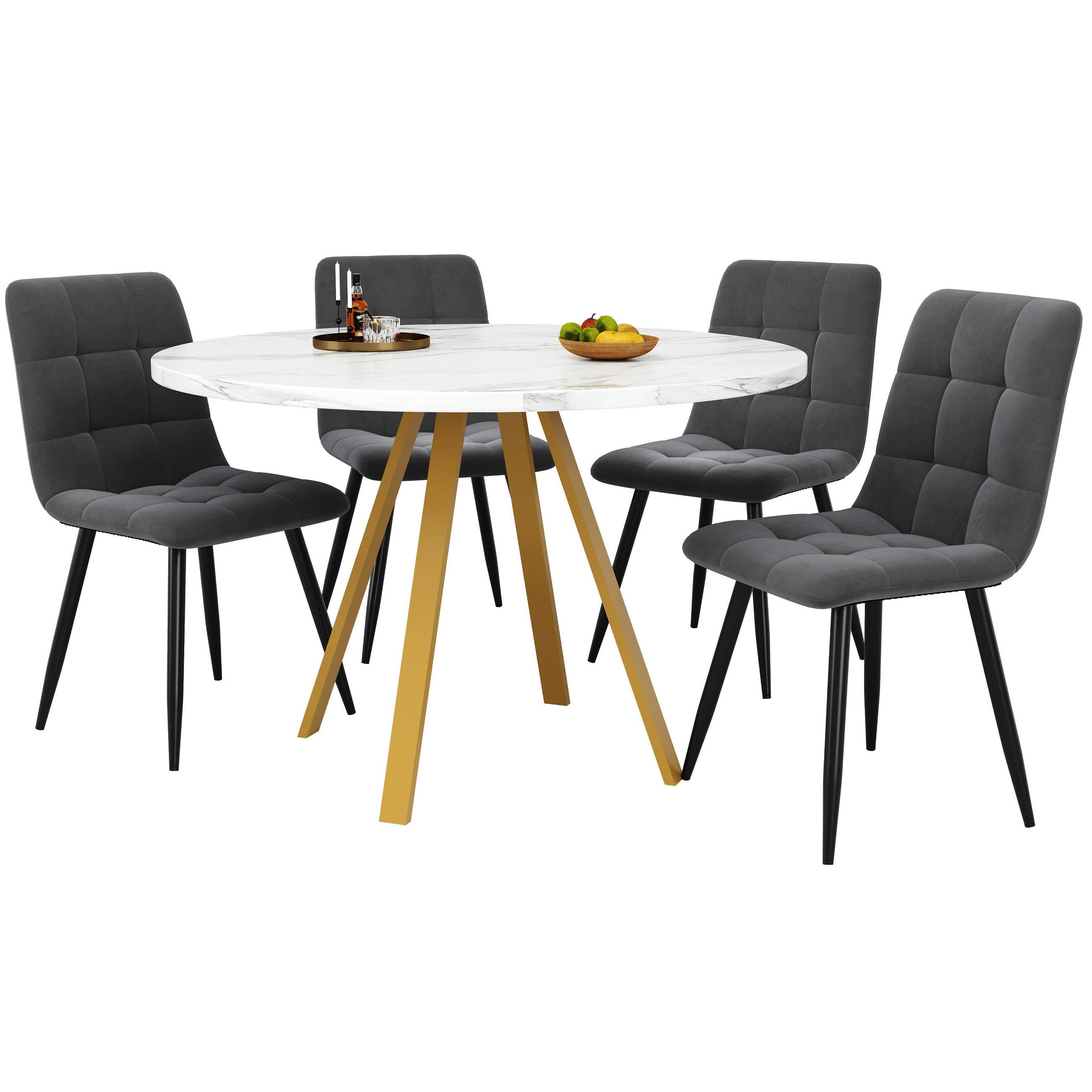ESSTISCHSET 5-Teilig Rund 80 Cm, Weiß Marmor, 4 Graue Samtstühle - Multicolor, Metall (87/10.8/87cm) - FLIEKS