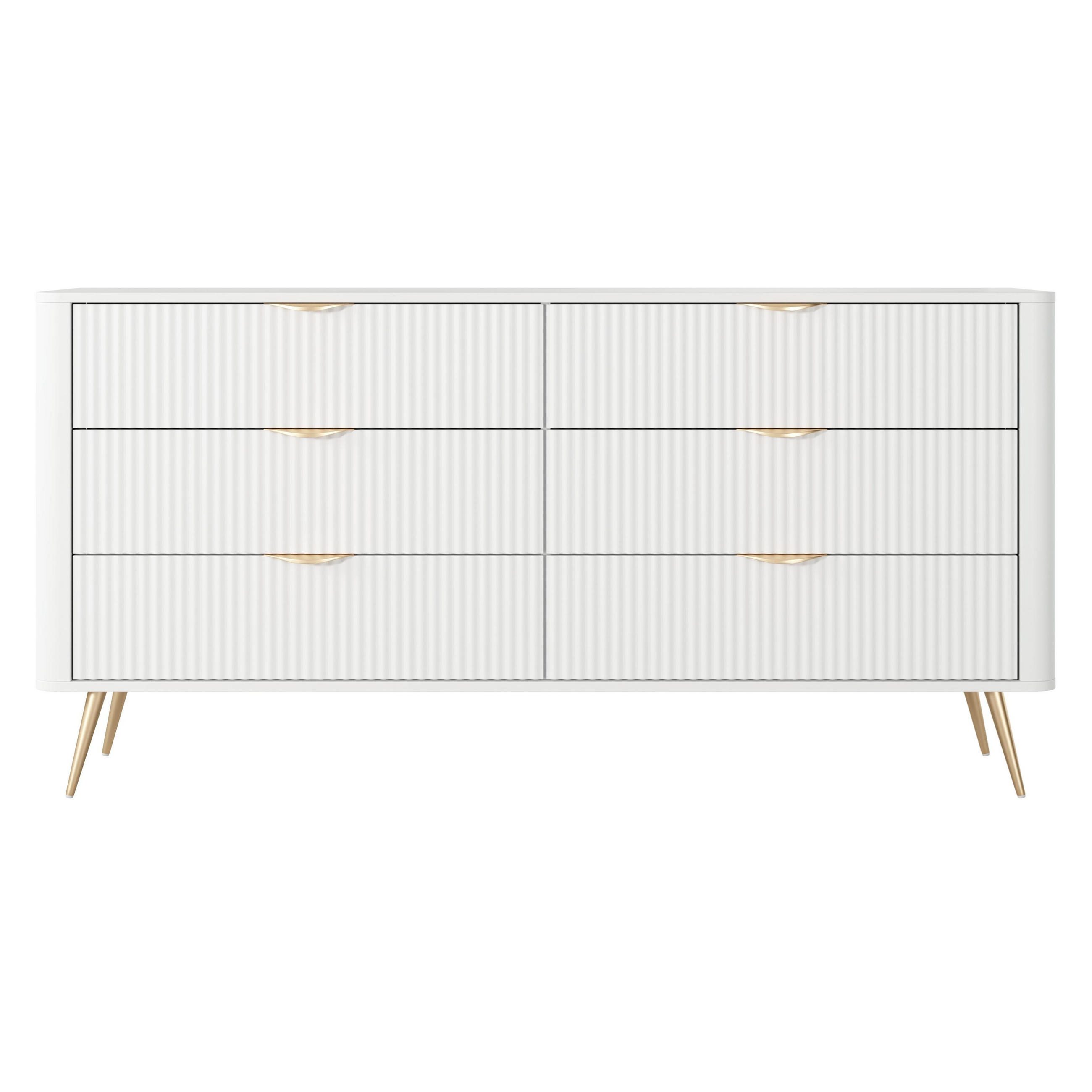 SIDEBOARD Vespasia 6S Beige 163,2/81,2/38 cm – Geriffelte Fronten - Goldfarben/Weiß, Holzwerkstoff/Metall (163/81.2/38cm) - AX Living