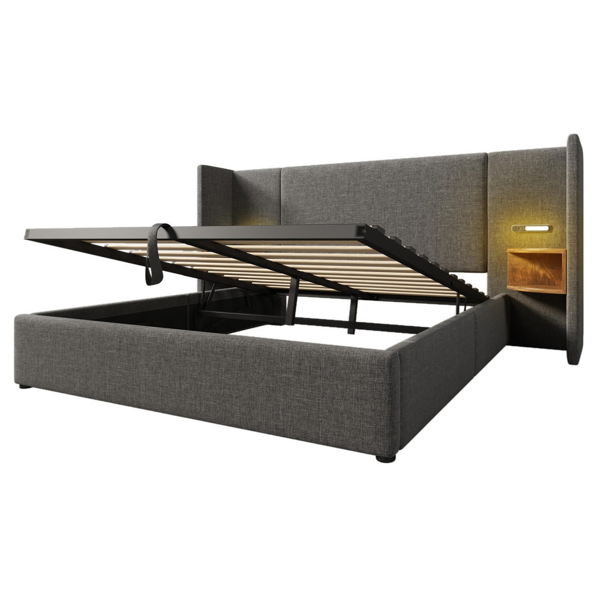 POLSTERBETT 160/200 cm mit Bettkasten, USB-C, Leselicht und Lattenrost in Grau - Grau, Textil (160/200cm) - BEAOK
