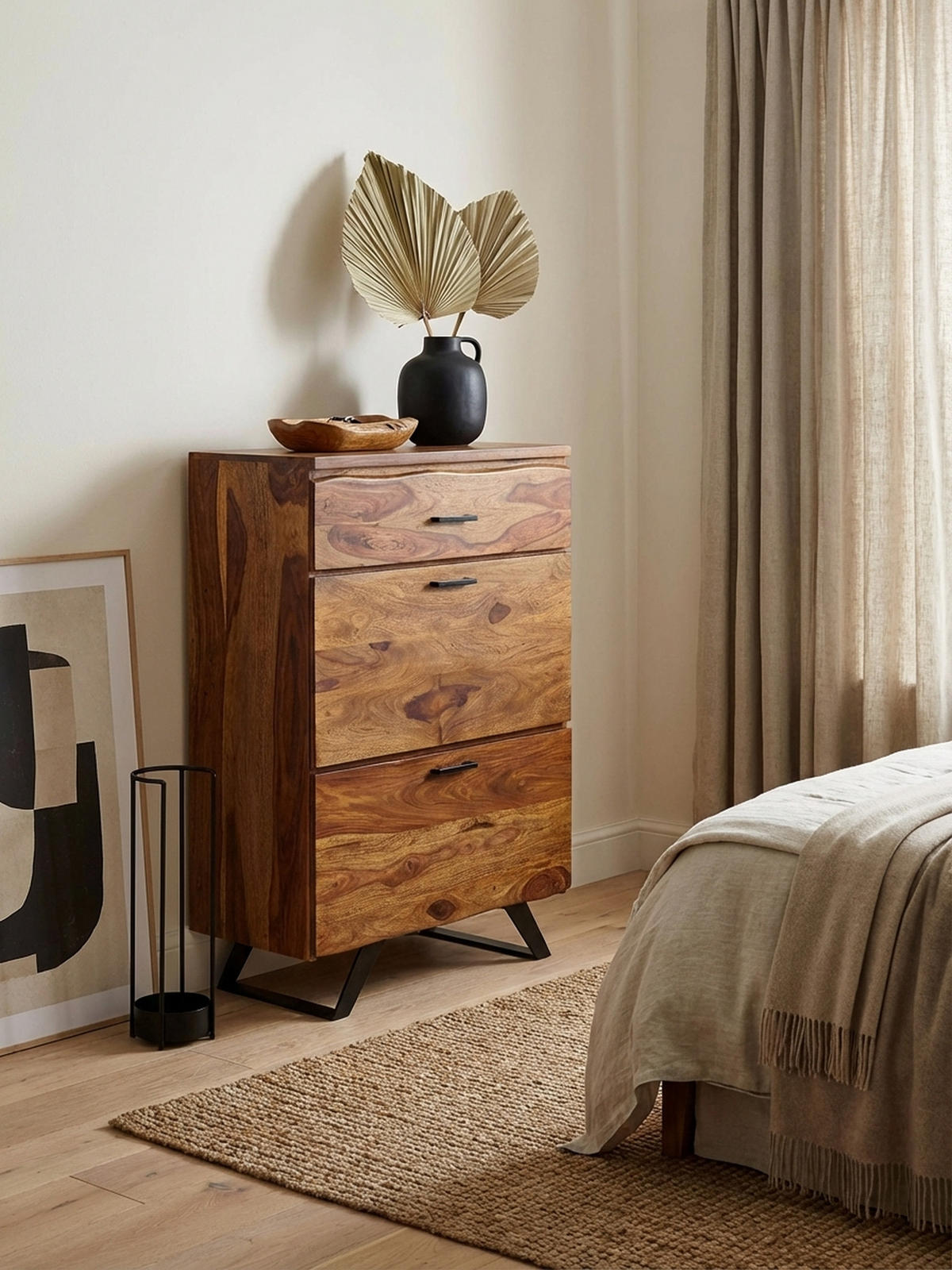 KOMMODE – Massivholz, 80x120x41,5 cm, Metallgestell, 3 Schubladen - Schwarz/Braun, Holz/Metall (80/120/42cm) - KADIMA DESIGN