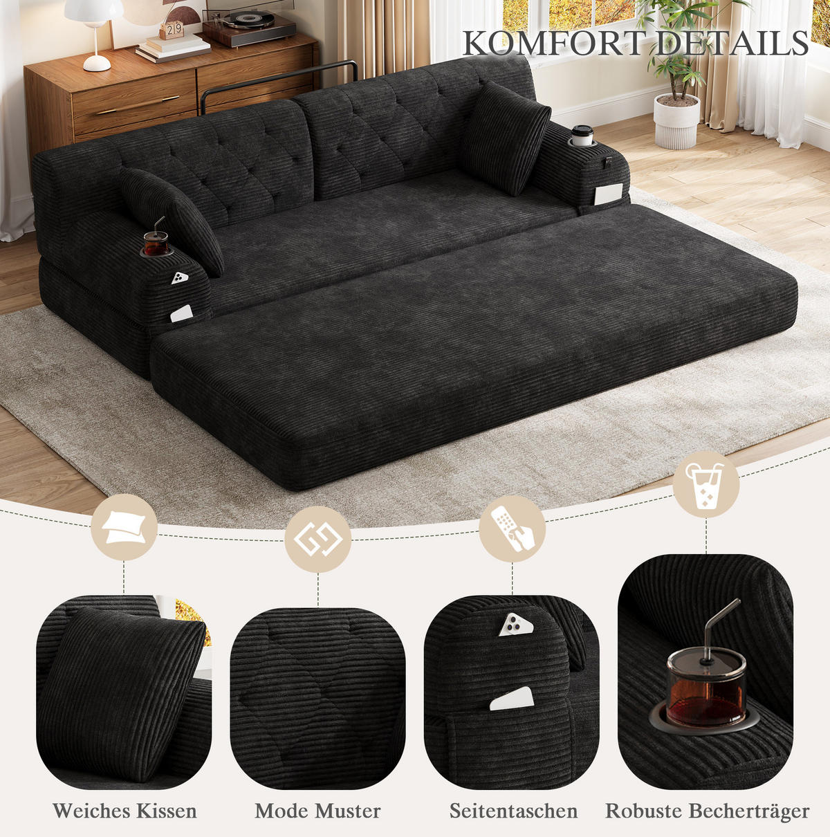 SCHLAFSOFA mit Schlaffunktion 208 x 80 cm Cord Schwarz - Schwarz, Textil (208/81/80cm) - IVMEU