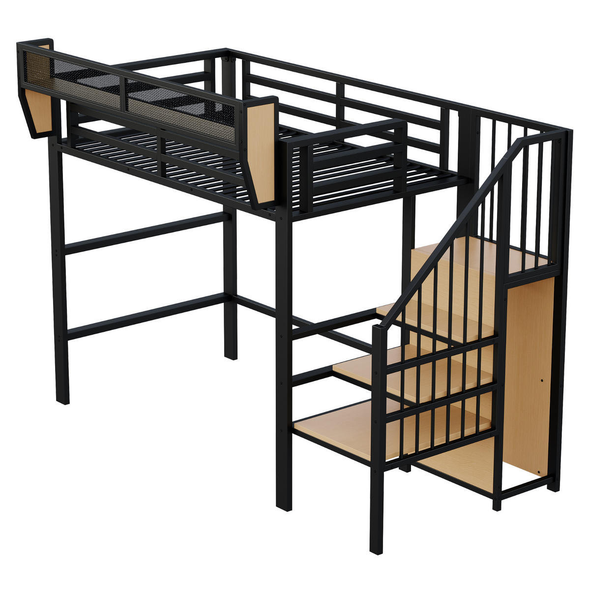 HOCHBETT mit Regalen und Treppe Schwarz - Schwarz, Holzwerkstoff/Metall - Urban Meuble