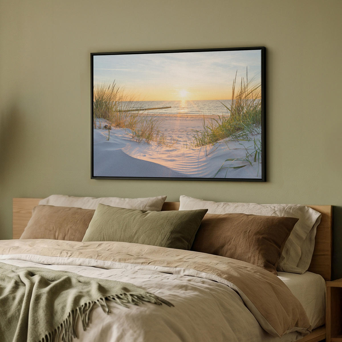 LEINWAND Bilder mit Rahmen - Strand - Sonne - Düne - Gras - Sand - Horizont - 70x50 - Hellblau, Textil (70/50cm) - MuchoWow