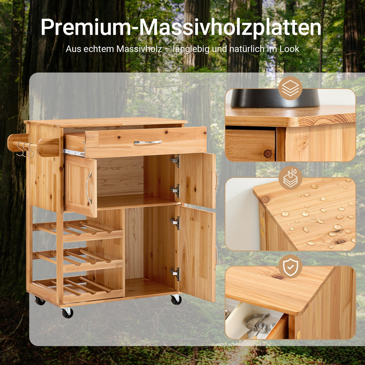 SERVIERWAGEN aus Holz, 66×86×38cm - Naturfarben, Holz (66/86/38cm) - SoBuy