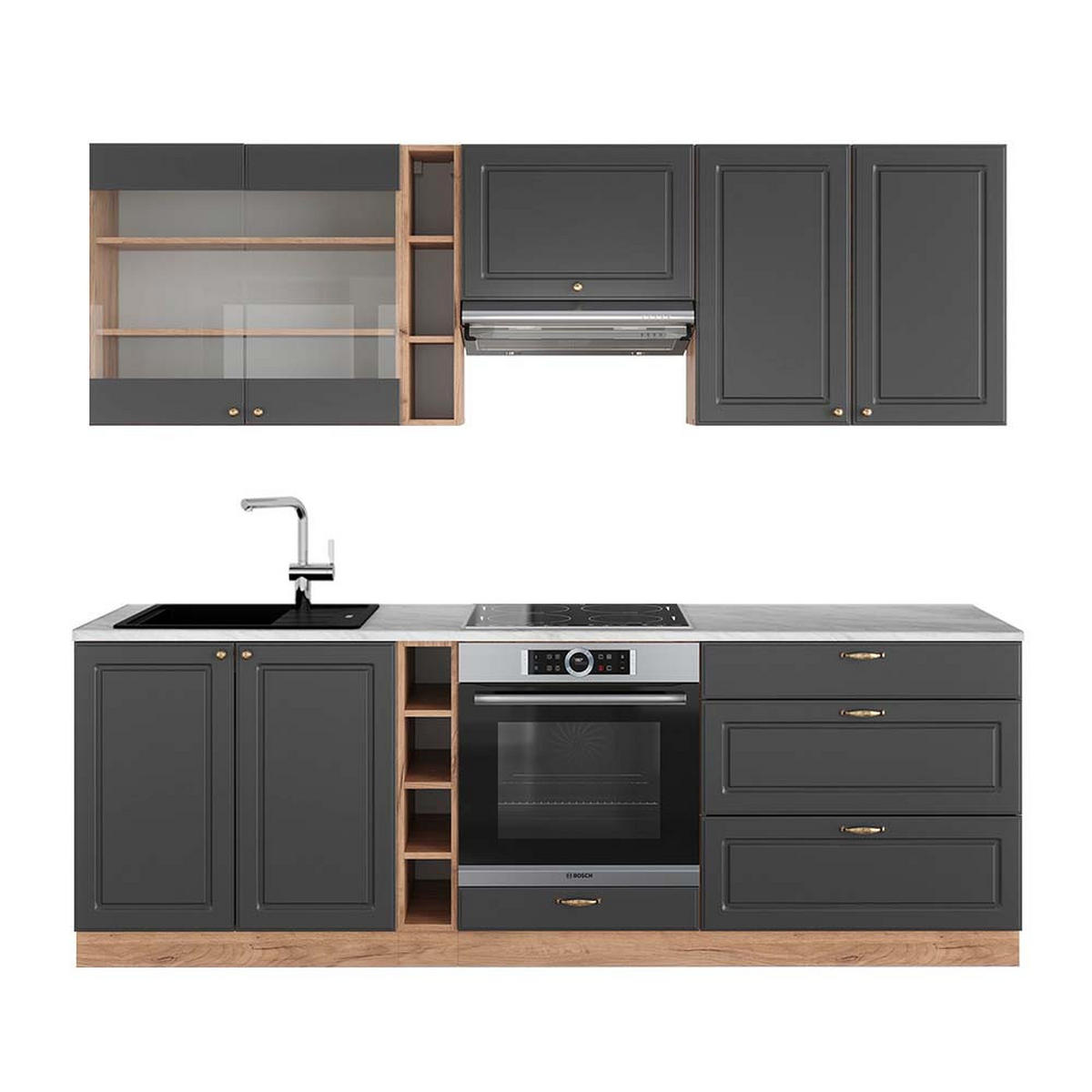 KÜCHENZEILE Fame-Line Anthrazit Landhaus/Goldkraft Eiche 235 cm AP Marmor - Honigeiche/Dunkelgrau, Holzwerkstoff (235/81.6/60cm) - Vicco