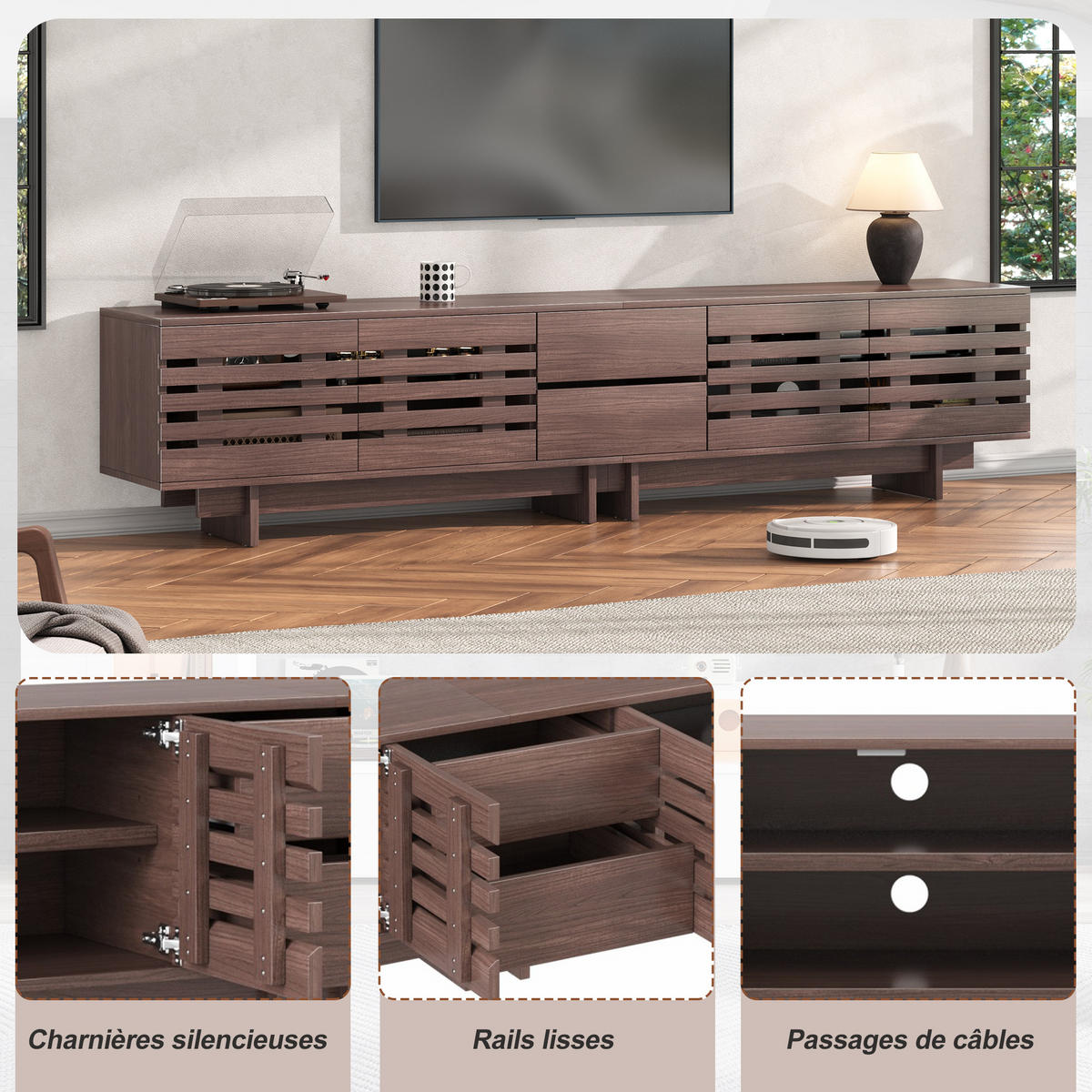 TV-ELEMENT200X39,5X55CM Walnussfarben für 80-Zoll-Fernseher mit Holzlamellen - Walnussfarben, Holz (46/19/113cm) - Raelunyi