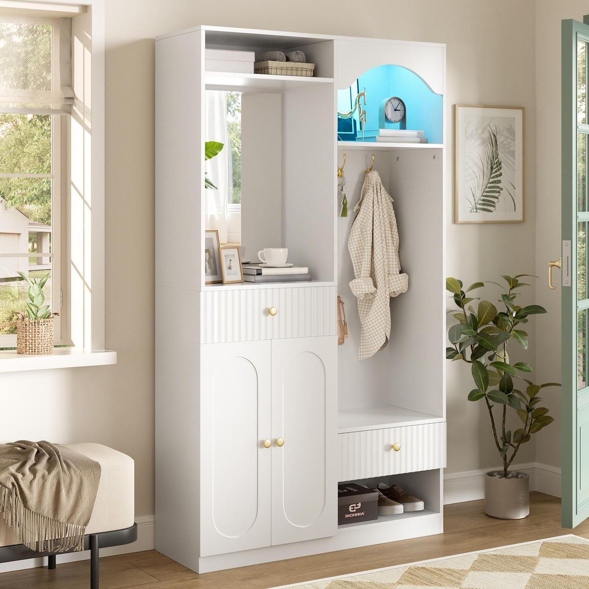 KOMPAKTGARDEROBE Spiegel Schuhschrank Sitzbank Haken LED - Weiß, Holzwerkstoff (100/180/35cm) - FLIEKS