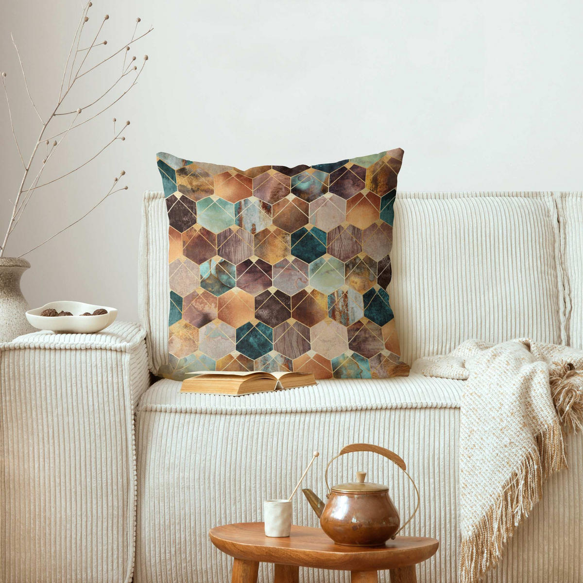 DEKOKISSEN Türkise Geometrie goldenes Art Deco 40/40 cm - Goldfarben, Textil (40/40/10cm) - Bilderwelten